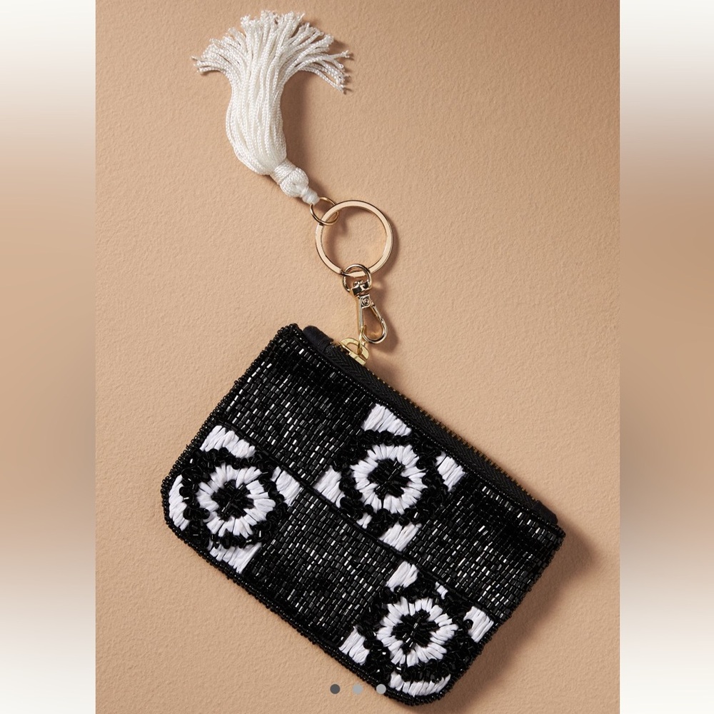 ANTHROPOLOGIE Elegant Black and White Beaded Coin Purse with Keychain